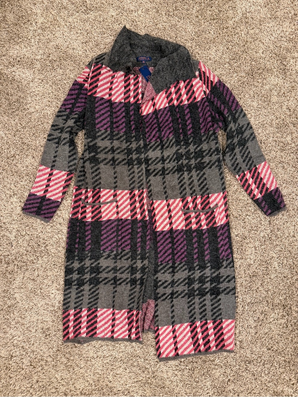 Plaid Open-Front Long Coatigan in Pink, Purple & Gray